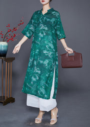 Beautiful Green V Neck Tie Dye Linen Long Dress Summer