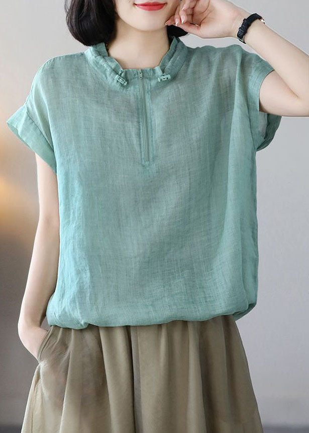 Beautiful Green Zip Up Drawstring Cotton Sweatshirts Top Short Sleeve