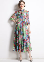 Beautiful Green Zip Up Print Chiffon Cinch Dress Half Sleeve