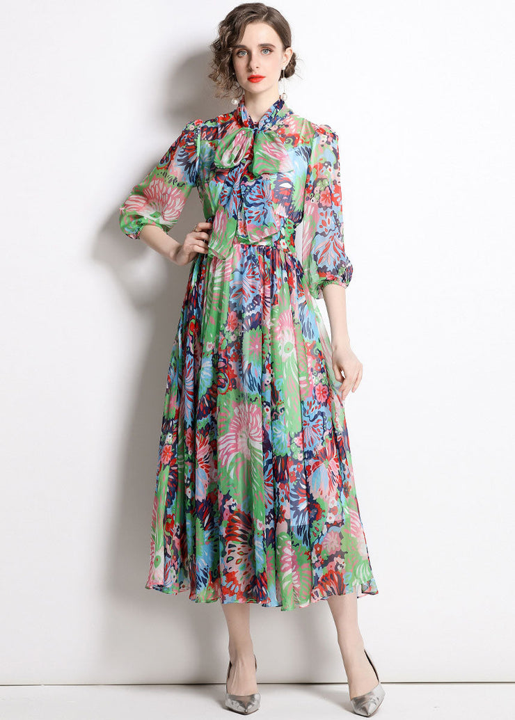 Beautiful Green Zip Up Print Chiffon Cinch Dress Half Sleeve