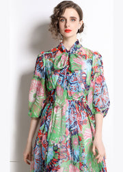 Beautiful Green Zip Up Print Chiffon Cinch Dress Half Sleeve