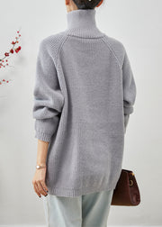 Beautiful Grey Asymmetrical Zip Up Thick Knit Sweater Tops Winter