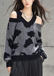 Beautiful Grey Cold Shoulder Jacquard Knitted Tops Fall