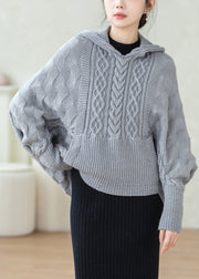 Beautiful Grey Hooded Pockets Patchwork Knitted Cotton Thread Tops Fall