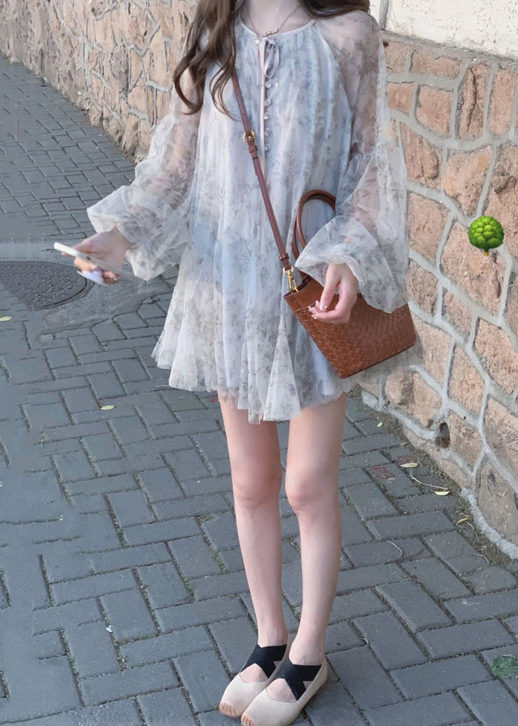 Beautiful Grey Lace Up Print Tulle Mid Dress Long Sleeve