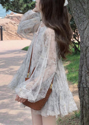 Beautiful Grey Lace Up Print Tulle Mid Dress Long Sleeve