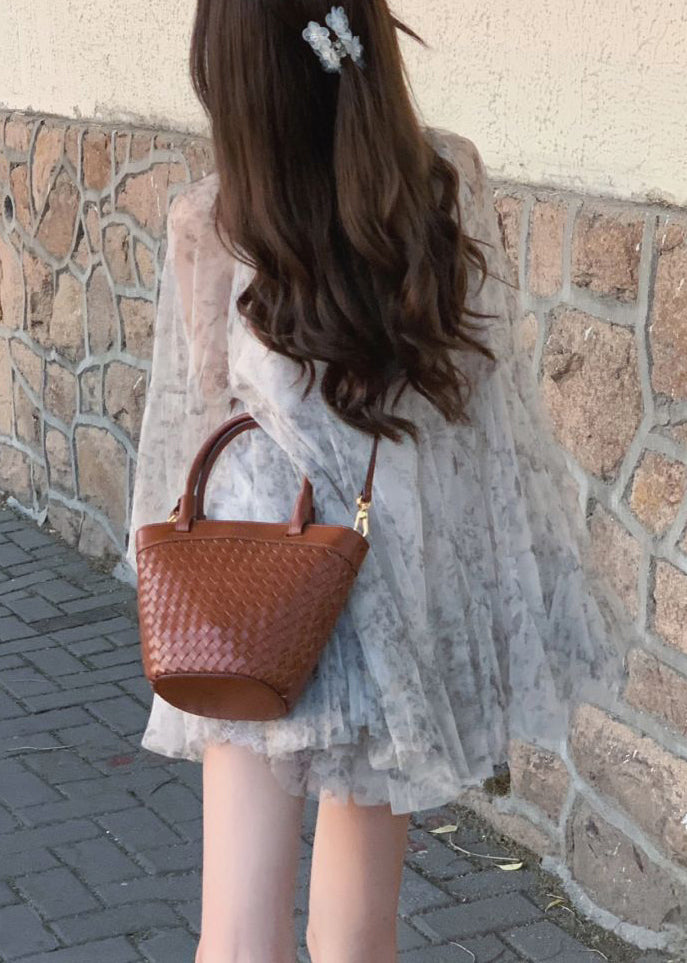 Beautiful Grey Lace Up Print Tulle Mid Dress Long Sleeve