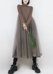 Beautiful Grey O-Neck Asymmetrical Design Tulle Long Dress Sleeveless