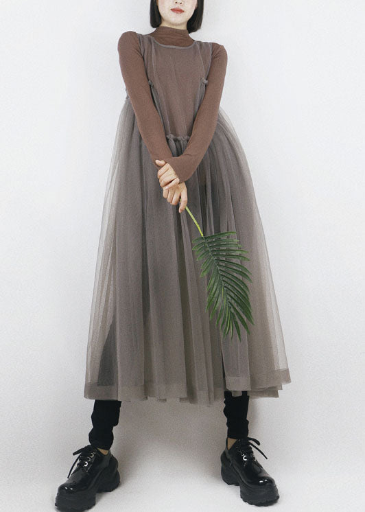 Beautiful Grey O-Neck Asymmetrical Design Tulle Long Dress Sleeveless