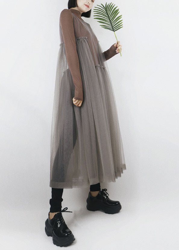 Beautiful Grey O-Neck Asymmetrical Design Tulle Long Dress Sleeveless