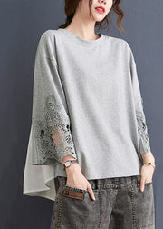 Beautiful Grey O Neck Hollow Out Embroideried Patchwork Cotton T Shirt Top Summer