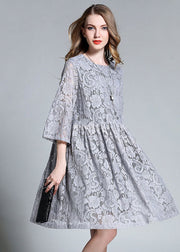 Beautiful Grey O-Neck Patchwork Solid Lace Maxi Dresses Bracelet Sleeve