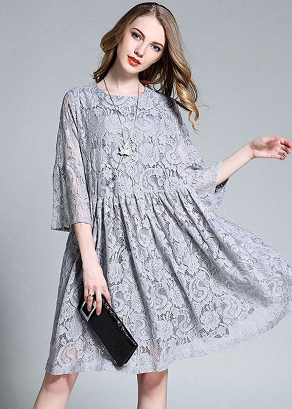 Beautiful Grey O-Neck Patchwork Solid Lace Maxi Dresses Bracelet Sleeve