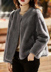 Beautiful Grey O Neck Pockets Patchwork Wool Jackets Winter