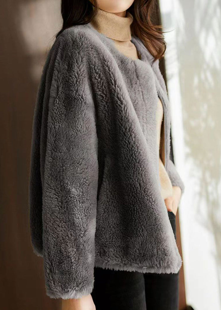 Beautiful Grey O Neck Pockets Patchwork Wool Jackets Winter