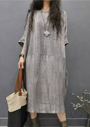 Beautiful Gray geometry O-Neck Wrinkled Side Open Linen Long Dress Batwing Sleeve