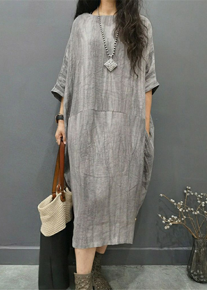 Beautiful Gray geometry O-Neck Wrinkled Side Open Linen Long Dress Batwing Sleeve