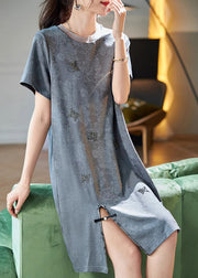 Beautiful Grey O Neck Zircon Jacquard Side Open Silk Dresses Summer