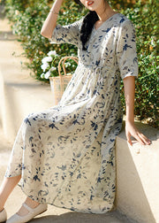 Beautiful Grey Print Patchwork Linen Long Dresses Summer