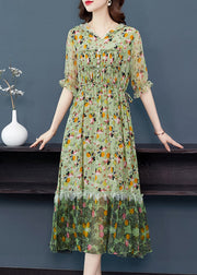 Beautiful Grey Ruffled Print Patchwork Silk Long Dresses Summer