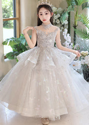 Beautiful Grey Sequins Patchwork Tulle Kids Maxi Dresses Summer