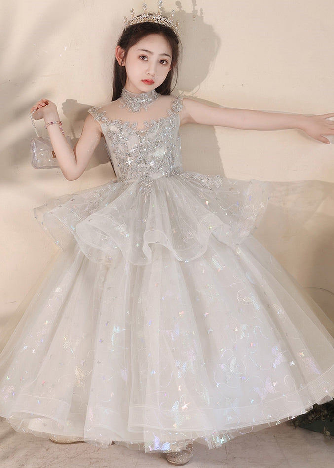 Beautiful Grey Sequins Patchwork Tulle Kids Maxi Dresses Summer