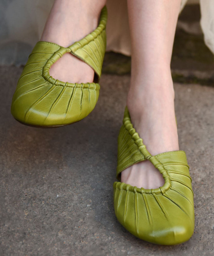 Beautiful Hollow Out Splicing Chunky Flat Sandals Green Cowhide Leather