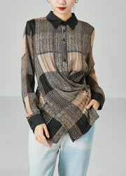 Beautiful Khaki Asymmetrical Design Plaid Chiffon Shirts Spring