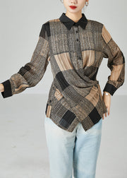 Beautiful Khaki Asymmetrical Design Plaid Chiffon Shirts Spring