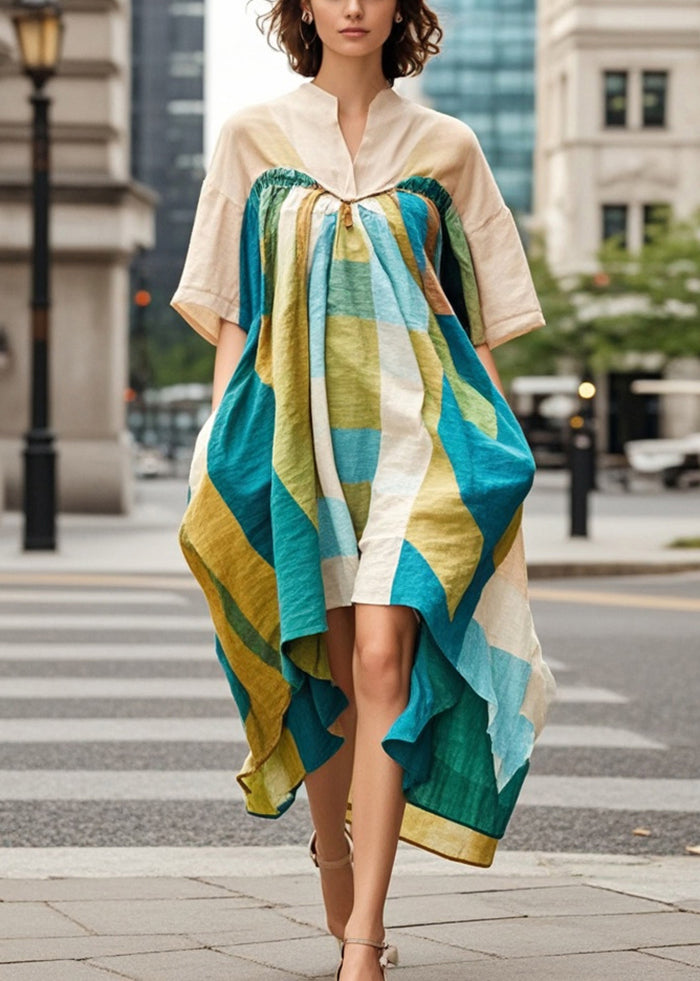 Beautiful Khaki Asymmetrical Print Cotton Robe Dresses Summer