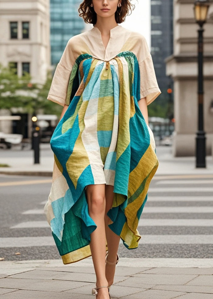 Beautiful Khaki Asymmetrical Print Cotton Robe Dresses Summer