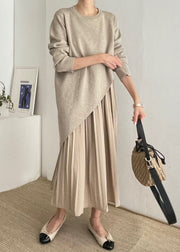 Beautiful Khaki Asymmetrical Wrinkled Knit Dress Two Piece Set Spring