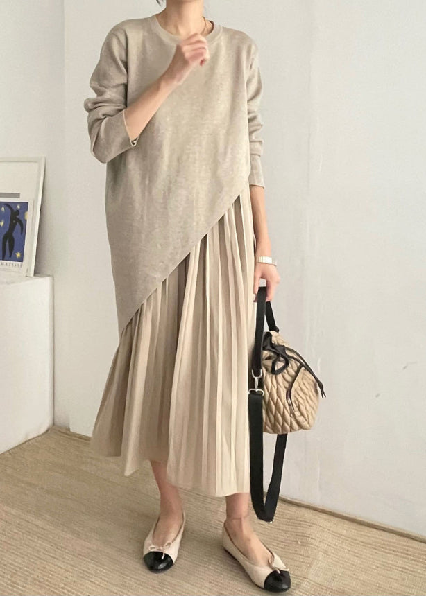 Beautiful Khaki Asymmetrical Wrinkled Knit Dress Two Piece Set Spring