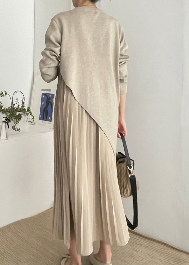 Beautiful Khaki Asymmetrical Wrinkled Knit Dress Two Piece Set Spring