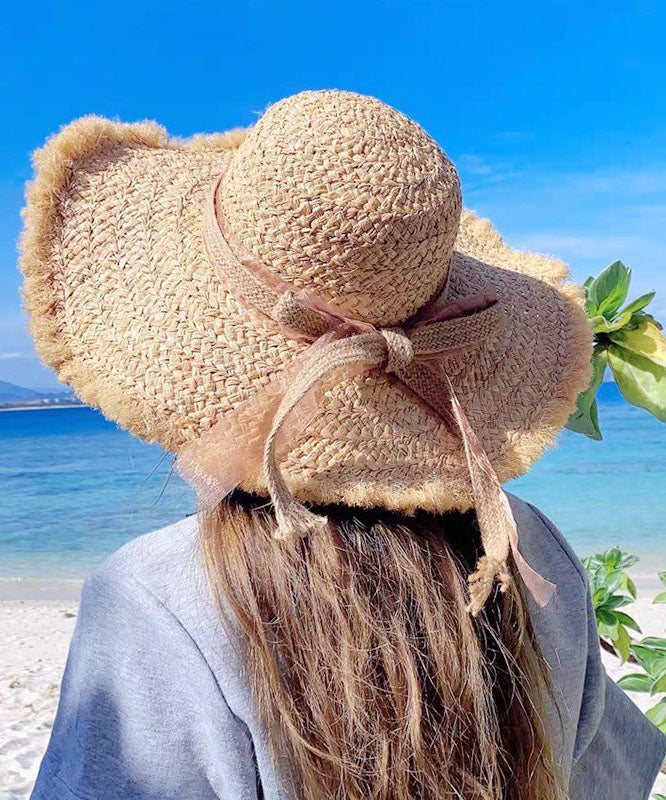 Beautiful Khaki Bow UPF 50+ Straw Woven Floppy Sun Hat