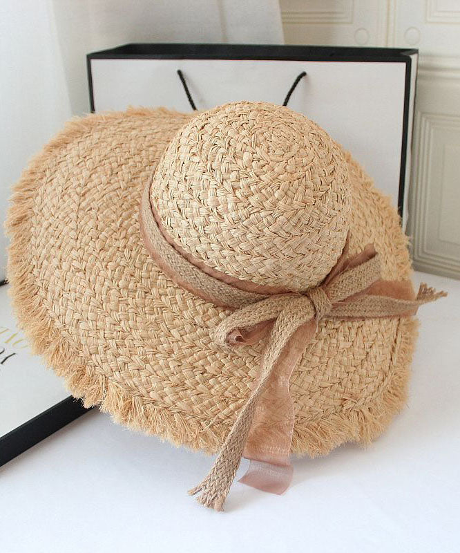 Beautiful Khaki Bow UPF 50+ Straw Woven Floppy Sun Hat