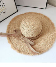 Beautiful Khaki Bow UPF 50+ Straw Woven Floppy Sun Hat