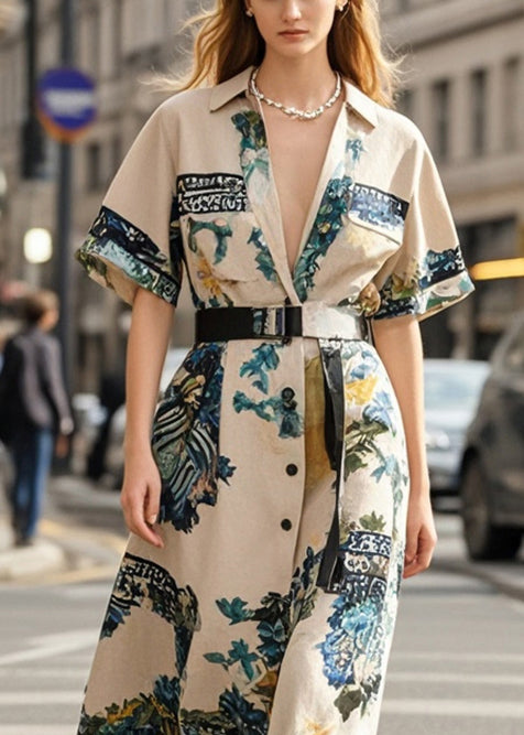 Beautiful Khaki Cinched Print Cotton Robe Dresses Summer