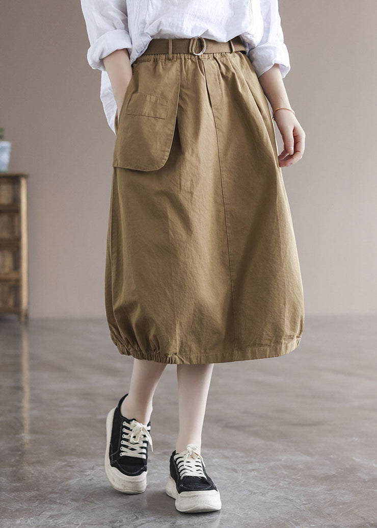 Beautiful Khaki Elastic Waist Asymmetrical Pockets Cotton Skirts Summer