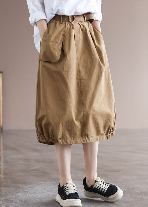 Beautiful Khaki Elastic Waist Asymmetrical Pockets Cotton Skirts Summer