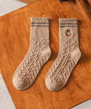 Beautiful Khaki Embroidery Jacquard Cotton Mid Calf Socks