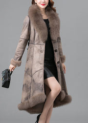 Beautiful Khaki Fox Collar Tie Waist Fuzzy Rabbit Leather And Fur Coats Winter