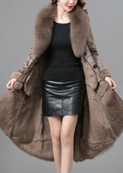 Beautiful Khaki Fox Collar Tie Waist Fuzzy Rabbit Leather And Fur Coats Winter