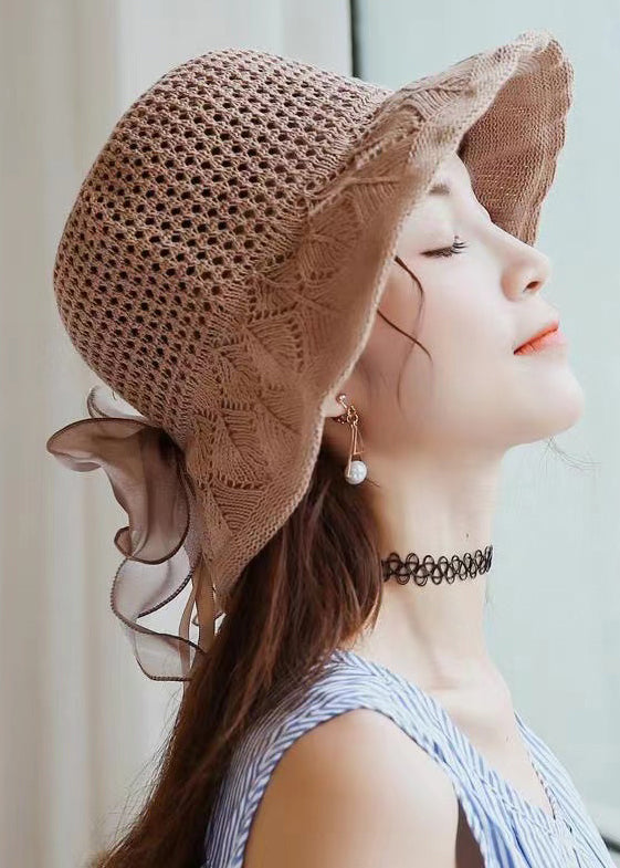 Beautiful Khaki Hollow Out Bow Cotton Knit Bucket Hat