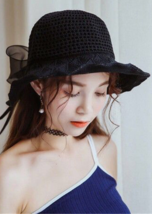 Beautiful Khaki Hollow Out Bow Cotton Knit Bucket Hat