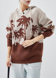 Beautiful Khaki Hooded Jacquard Knit Sweatshirt Spring