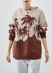 Beautiful Khaki Hooded Jacquard Knit Sweatshirt Spring