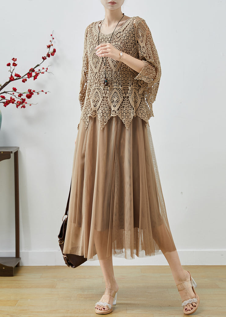 Beautiful Khaki Lace Patchwork Tulle Fake Two Piece Dresses Summer