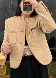 Beautiful Khaki O Neck Button Patchwork Cotton Coats Fall