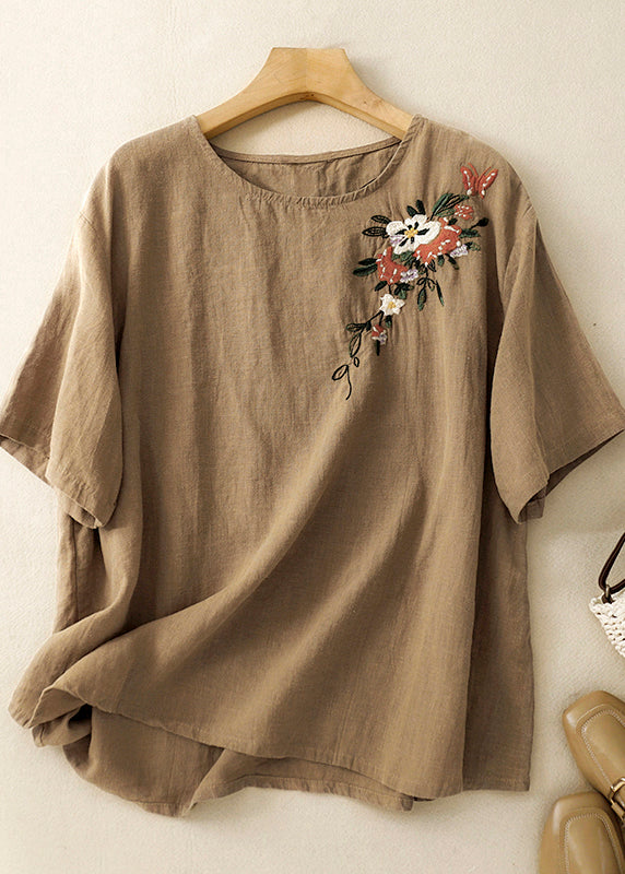 Beautiful Khaki O Neck Embroidered Linen T Shirts Summer